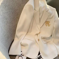 Abrigo de traje avanzado con bordado de letras para mujer, chaqueta coreana, temperamento británico, blanco, Tops negros, primavera 2023