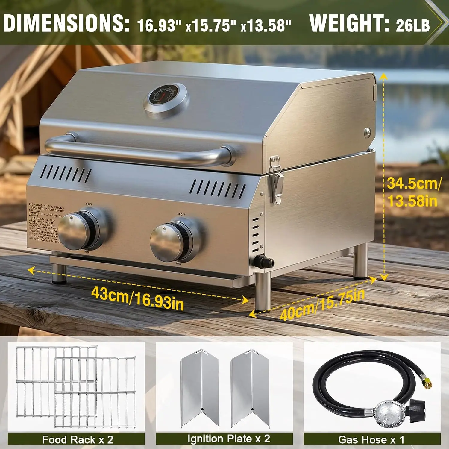 Tabletop 2-Burner Gas Grill, 20,000 BTU Stainless Steel Portable Propane Grill, Removable Legs, Push-Button Ignition, Thermomete