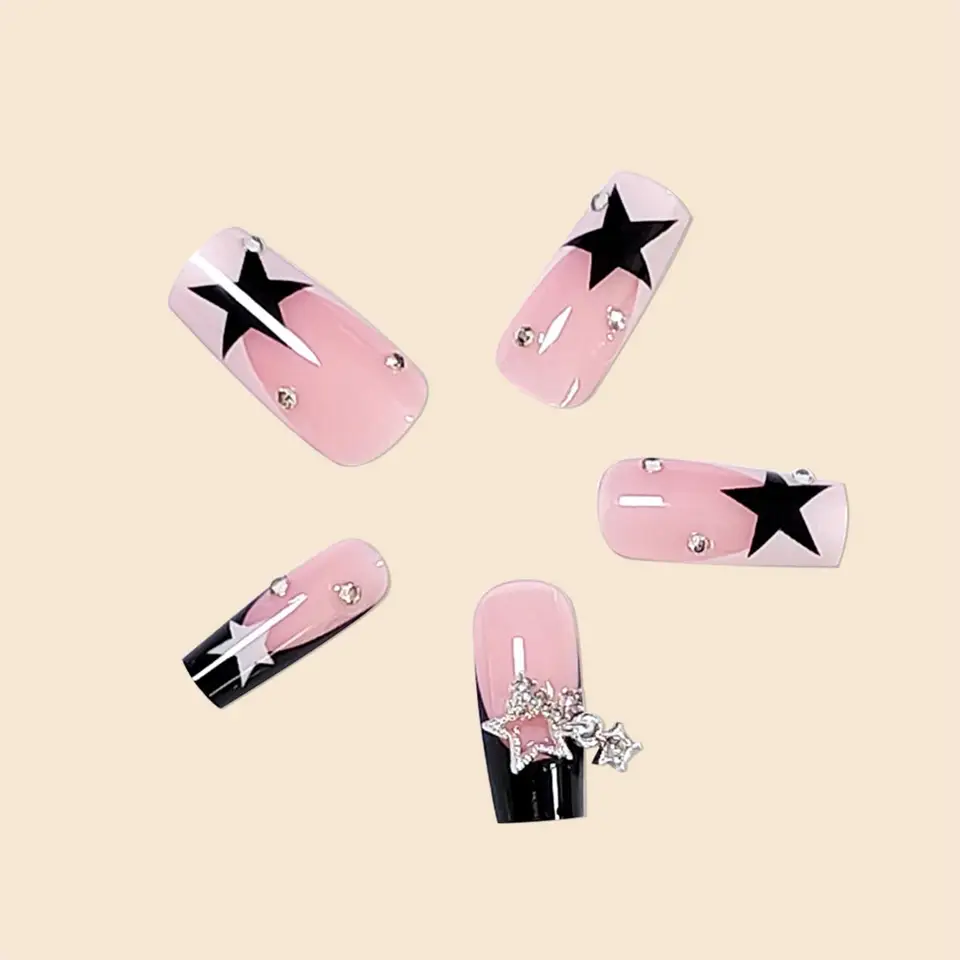 24pcs uñas postizas largas cuadradas negras francesas con diamantes y colgante de estrella, de cobertura total 3