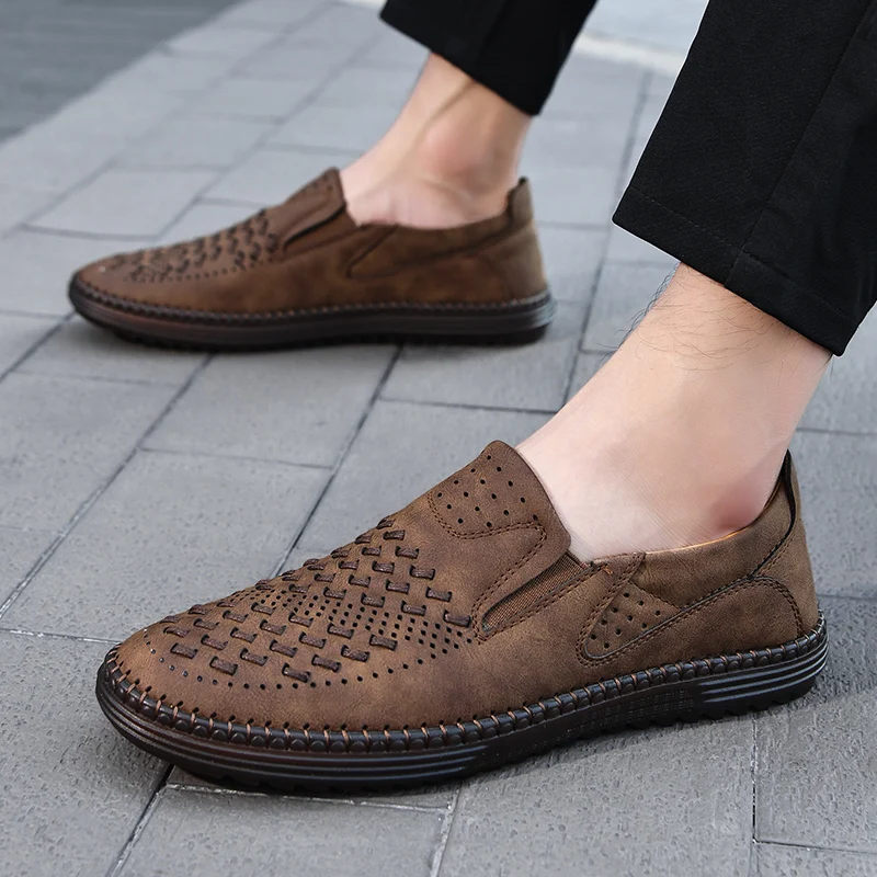 New 2024 Handmade Leather Men Shoes Design Fashion Sneakers Slip On Loafers Summer Mesh Breathable Casual Shoes Men Driving Flat