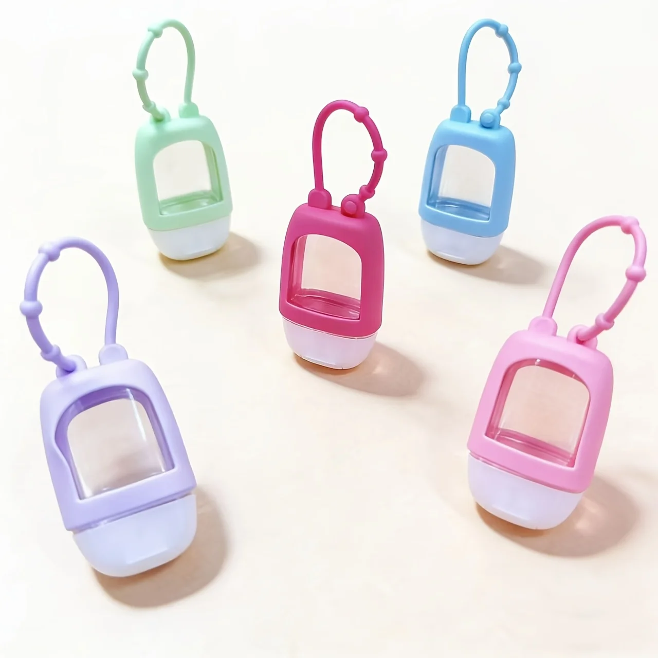3-Pack, Random Color 1oz Hand Sanitizer Bottle, with Sleeve, Keychain, Clear Plastic, Clapper, Refillable Travel Container - Alcohol Free, Suitable for Liquids, Toner, Cream