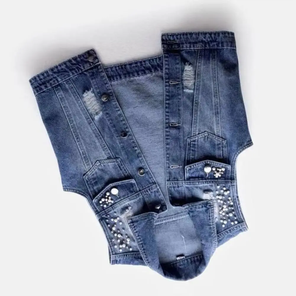 Lapel Sleeveless Single Breasted Flap Pockets Beads Decor Women Waistcoat Solid Color Ripped Holes Denim Vest Coat Streetwear