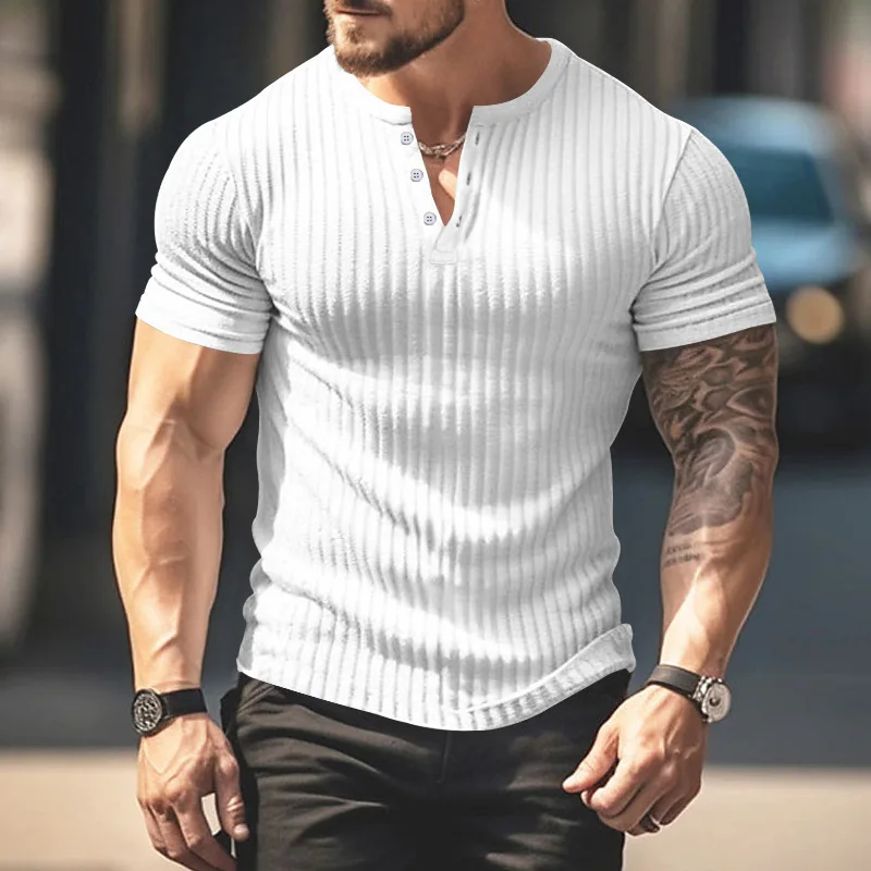 European and American Solid Color Men's New Summer Versatile Short-Sleeved Foreign Trade Henry Shirt Casual Knitted T-Shirt