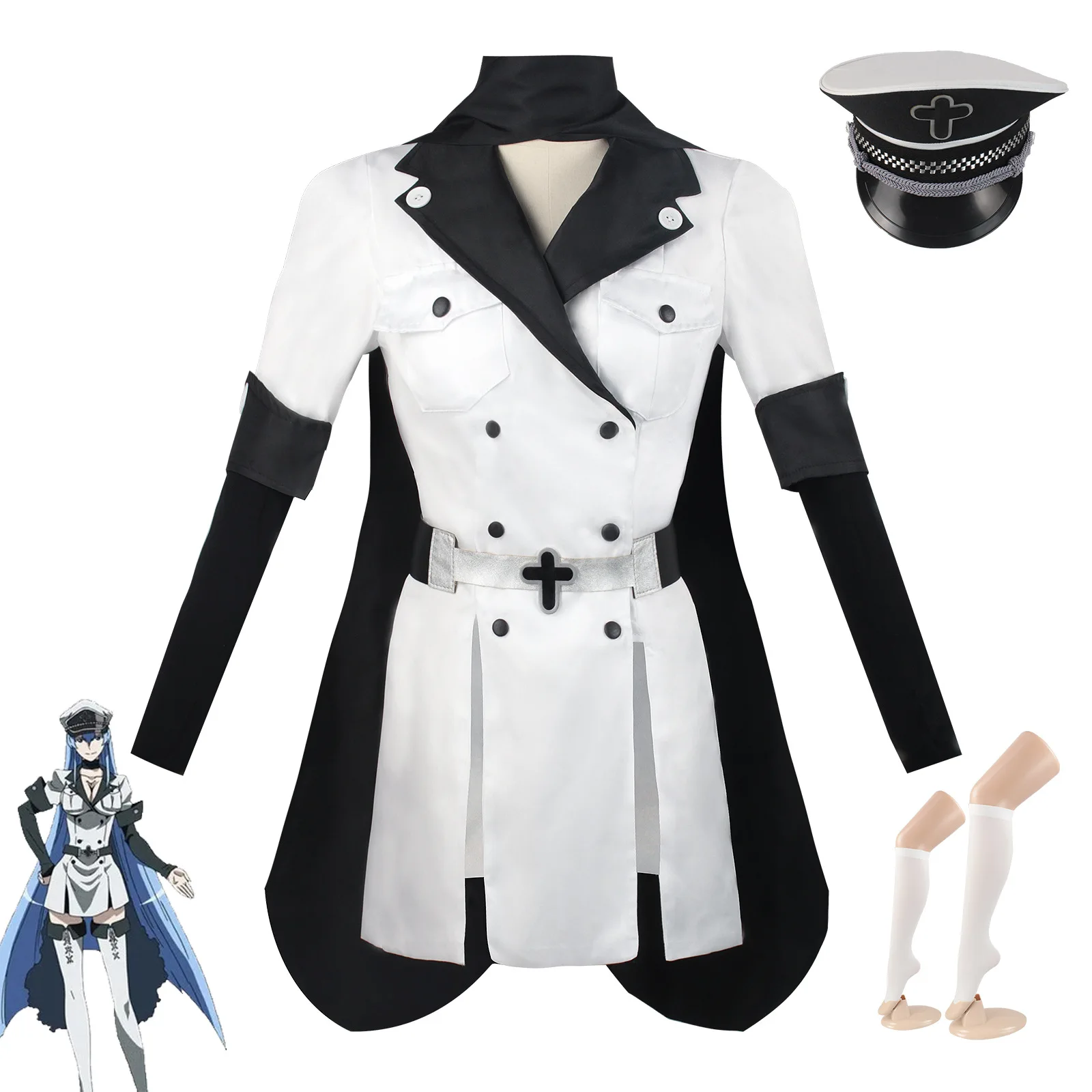 

Anime Akame Ga KILL Esdeath Cosplay Costume with Hat Socks Outfits for Women Men Full Set Esdeath Empire General Outfits Party