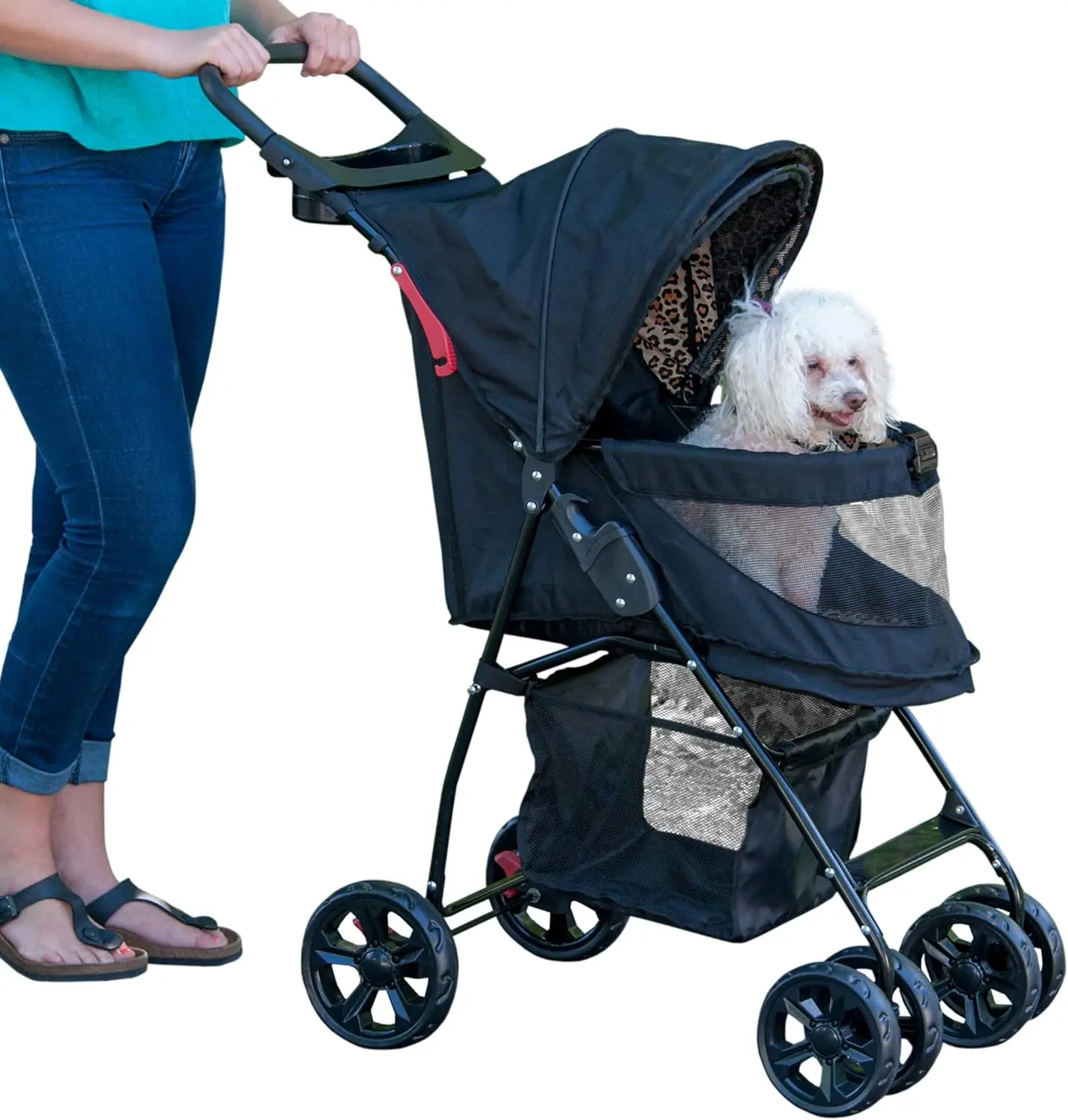 

No-Zip Happy Trails Lite Pet Stroller for Cats/Dogs, Easy Fold with Removable Liner, Safety Tether, Storage Basket + Cup Holder