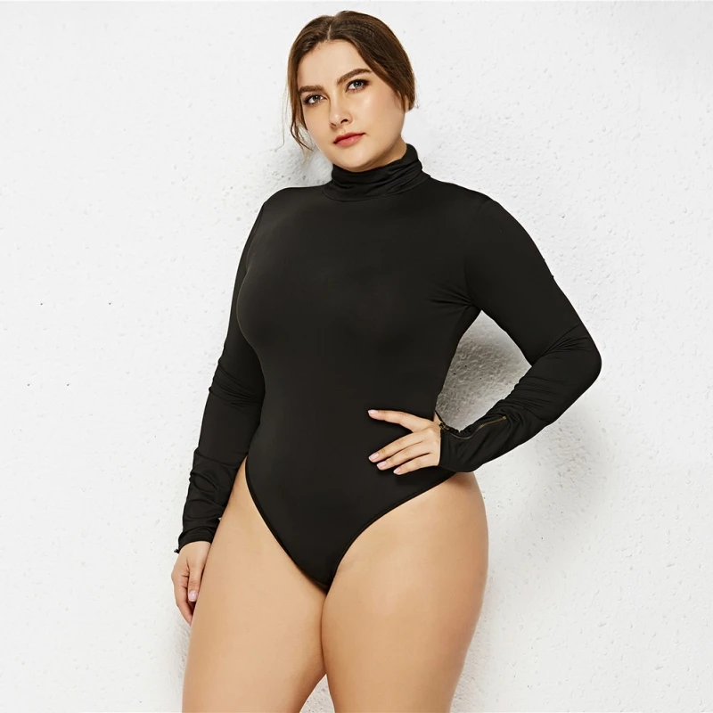 Women's Jumpsuit Shaping Stand Collar Plus-size Elastic Sexy Solid Color High Neck Long Sleeve Triangle Tight Undershirt 6XL  