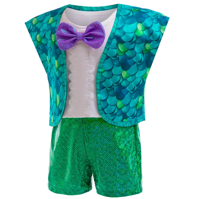 Boys Children Role Playing Elf Green Fish Scale Pattern Shiny Costume Comic Exhibition Party Stage Performance Dress Set 2025