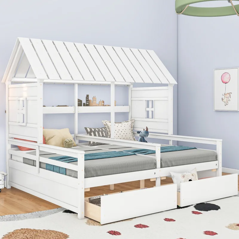 

Twin Size House Platform Beds with Two Drawers for Boy and Girl Shared Beds, Combination of 2 Side by Side Twin Size Beds,White