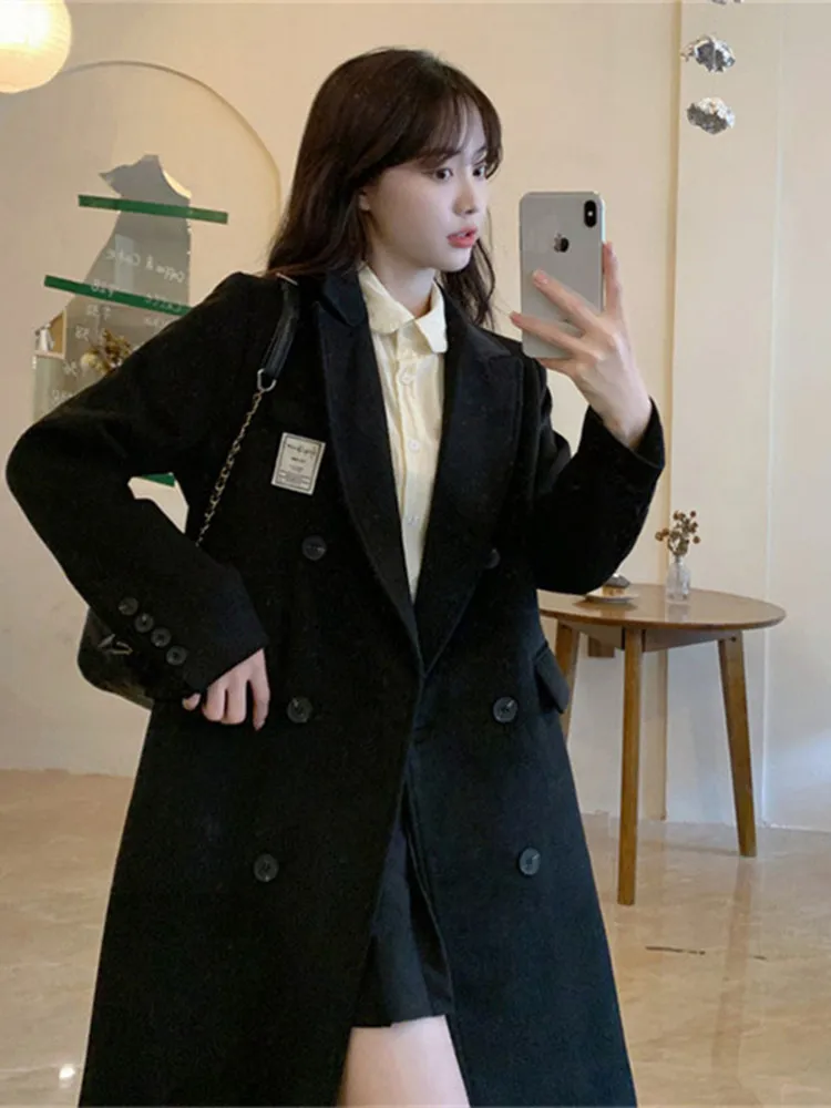 

Шерстяное пальто Hebe Sle для женщин, свободного кроя, средней длины, утепленное, черное, зимнее, твидовое, выше колена, в корейском стиле, новинка