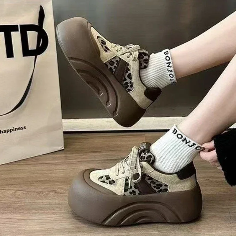Flats Platform Ankle Boots Women Leopard Sneakers Suede Shoes 2025 Winter Trend Lace-up Sport Shoes Women New Casual Snow Boots