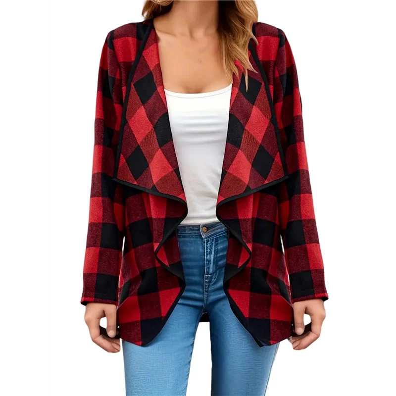 

Женская куртка с открытым передом и лацканами в клетку AA, рубашки с длинным рукавом для женщин, легкие куртки для женщин, повседневная осень