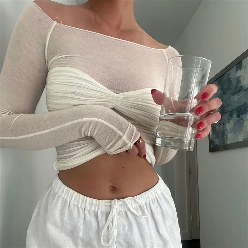 TARUXY Off Shoulder Knit Sheer Tops For Women Summer White Lace Twist T-Shirt Femme Long Sleeve Mesh Tops See-Through Knitted