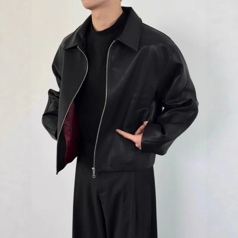 Men Leather Jacket Spring Autumn American High Street Turn Down Collar Male Outerwear Windproof Long Sleeve Zipper Man Coat
