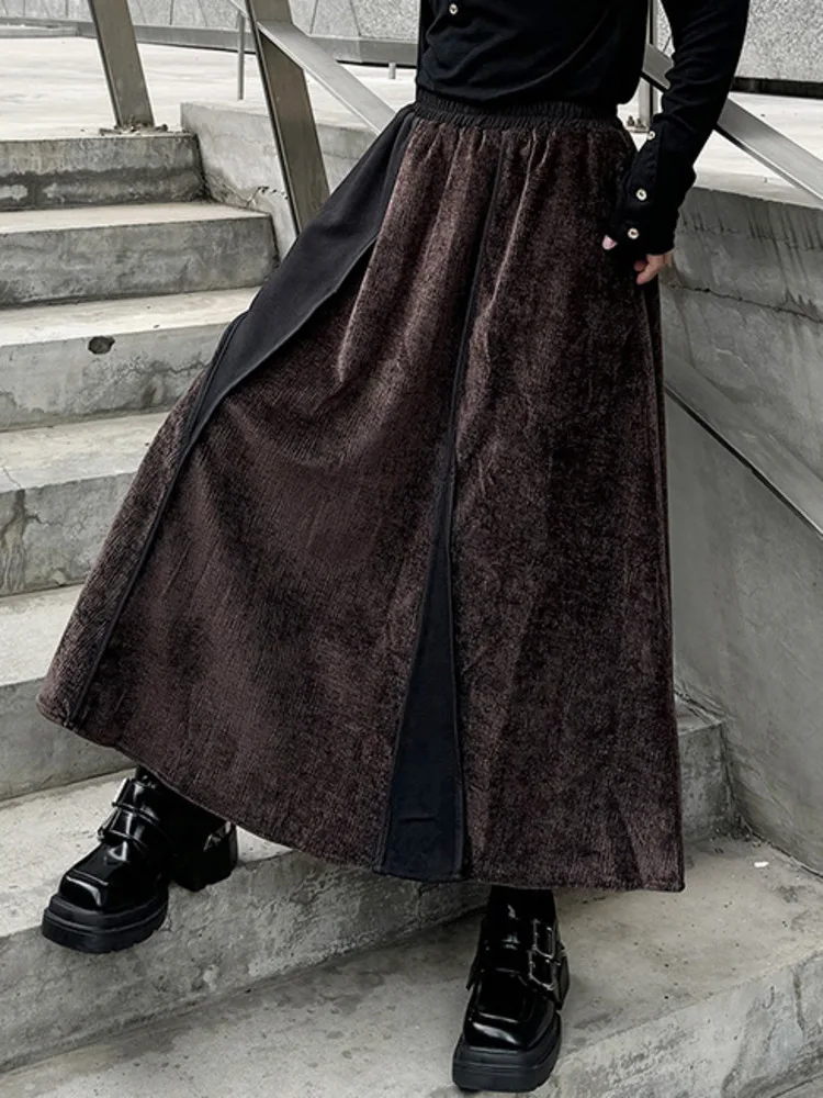 [EWQ] Vintage Style Elastic High Waist Patchwork Long Skirt Loose All-match Fashion Women Black Skirts 2024 Autumn New 16O2946