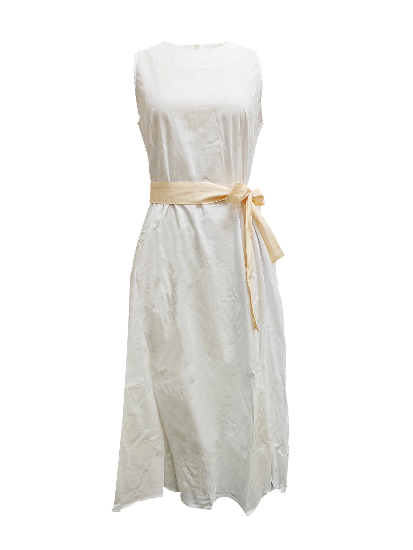 فستان نسائي متوسط الطول من الكتان باللون الأبيض بدون أكمام - فستان صيفي فضفاض بحزام الخصر