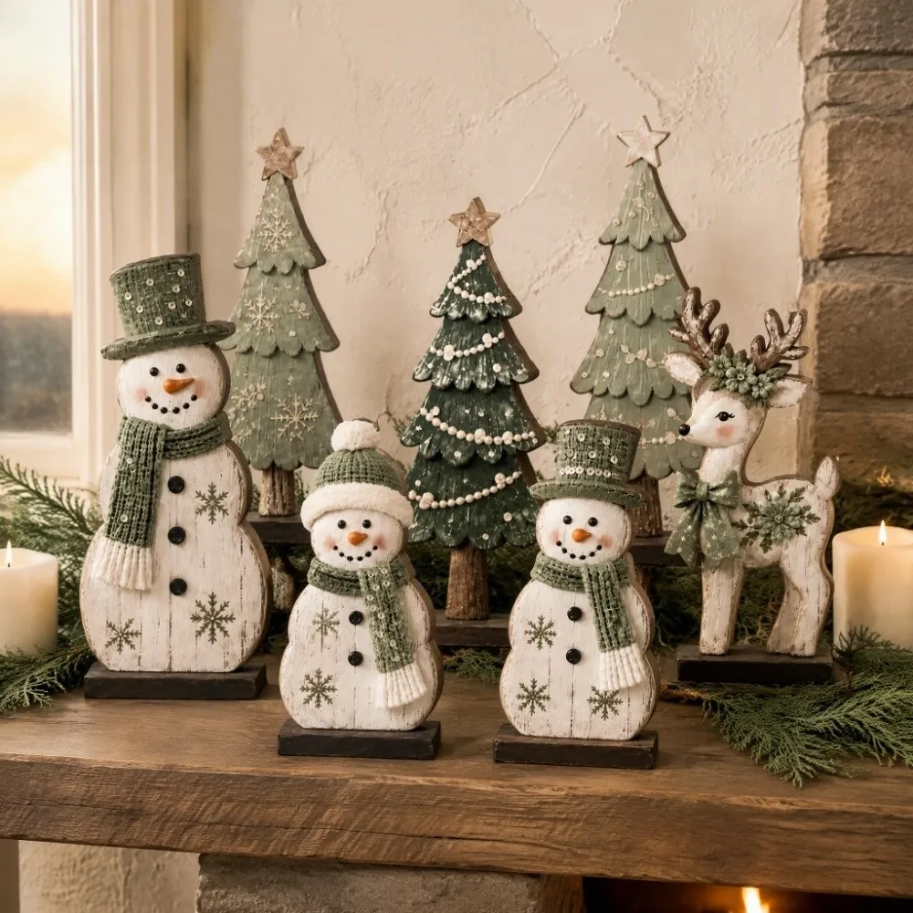 2D Flat Wooden Christmas Tabletop Ornaments Painted Stable Base Snowman Reindeer Figurines Christmas Tree Vintage