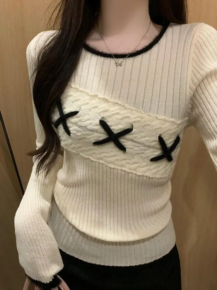 

Повседневные короткие пуловеры, свитера, женская винтажная одежда, корейская мода, милый топ с круглым вырезом, контрастного цвета, утягивающий базовый топ