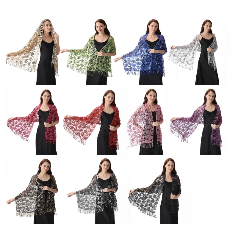 31BF Women Paisleys Sequined Fringe Shawl For Wedding Banquet Wearable Art Scarf With Wrinkles Resistant Fabrics Polyester Weave