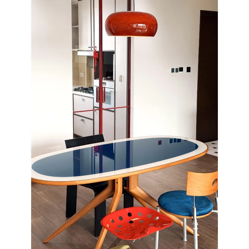 French antique oval glass dining table, designer Bauhaus desk, small household dining table