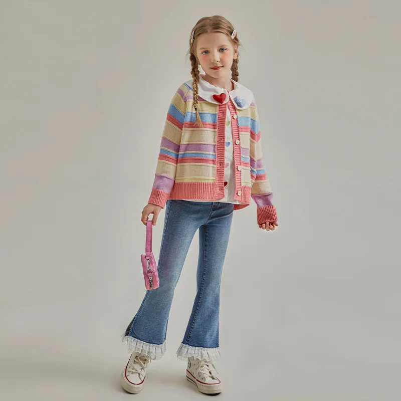 2024 Korean Spring Autumn School Girl Knitted Cardigans Children Girl Rainbow Pink Sweater Coats Junior Girl Casual Knitwears