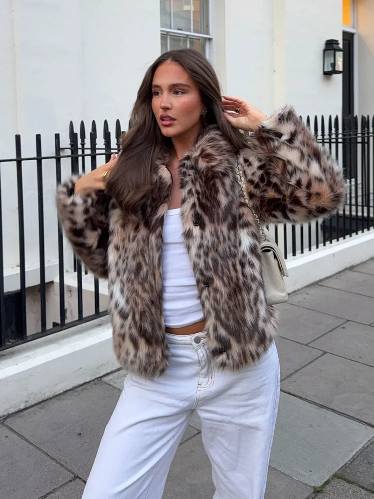 

HH женское модное свободное теплое пальто из искусственного меха с леопардовым принтом, женское пальто с лацканами и длинными рукавами, боковые карманы, повседневное тонкое зимнее пальто Mujer