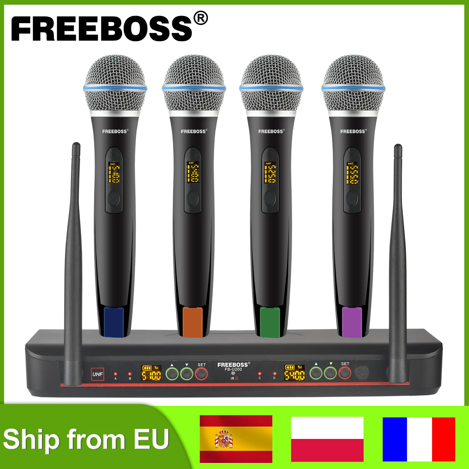 FREEBOSS 4 Channels Wireless Microphone with Case IR UHF Multiple Frequency Handheld Mic XLR Dynamic Transmitter Karaoke FB-U200