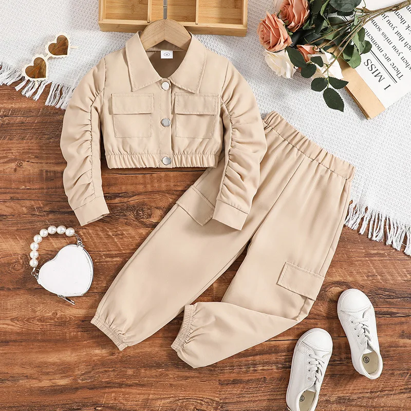 

2023 New Clothing Set Girls Long Sleeve Single Button Jacket Khaki Trousers Cute 2 Pcs Sets Casual Girls Clothes Sets 4-7T