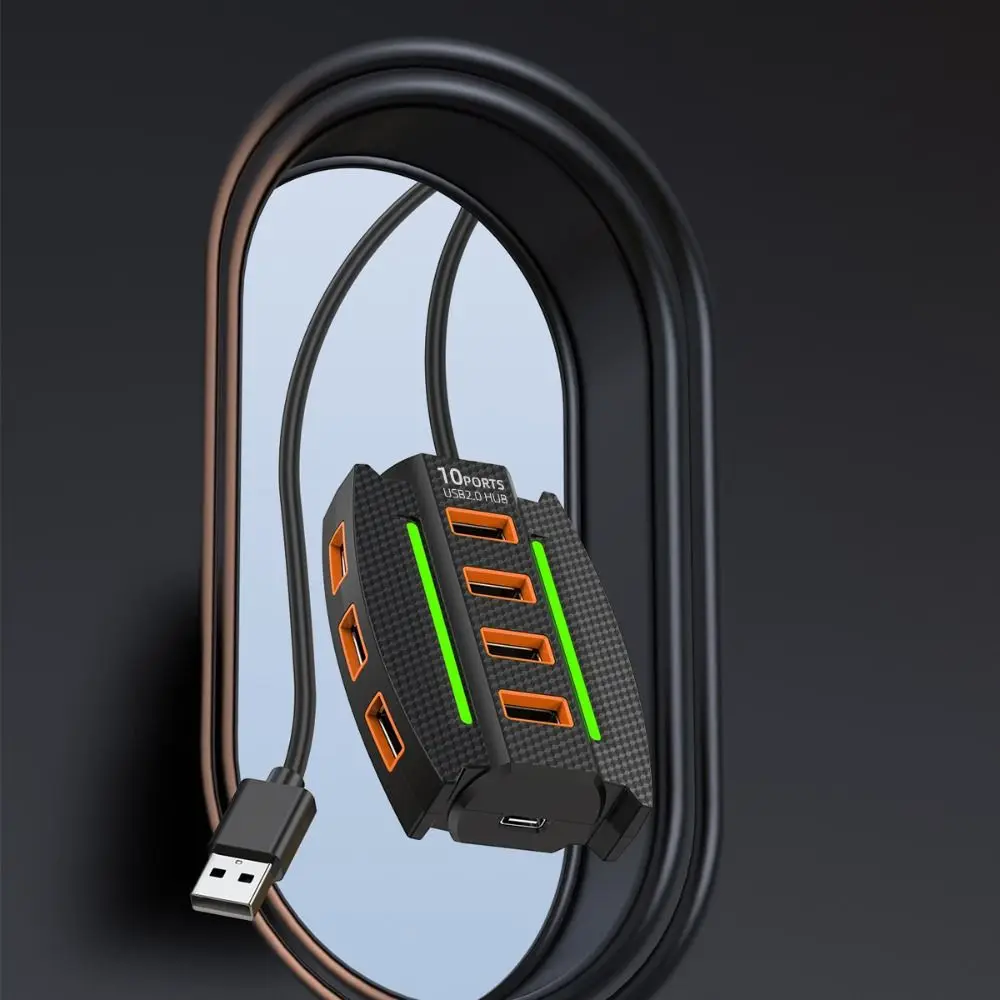 RGB الخلفية 10 منافذ USB 2.0 الفاصل تمديد نقل البيانات 10 في 1 USB2.0 HUB موصل متعدد الوظائف USB ميناء المتوسع