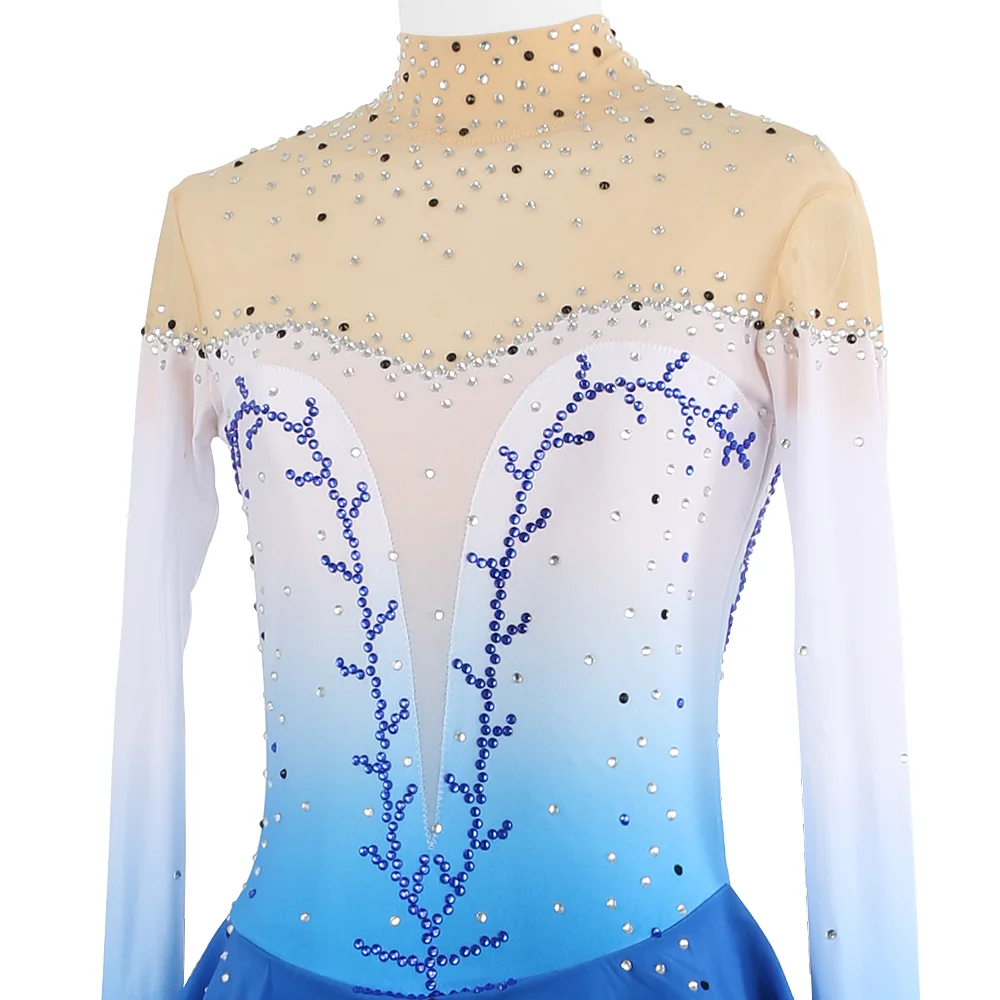 ZAGITOVA Blau Farbverlauf Eiskunstlauf Kleid Frauen Mädchen Langarm Eis Eiskunstlauf Rock Strass Wettbewerb Mesh Rock