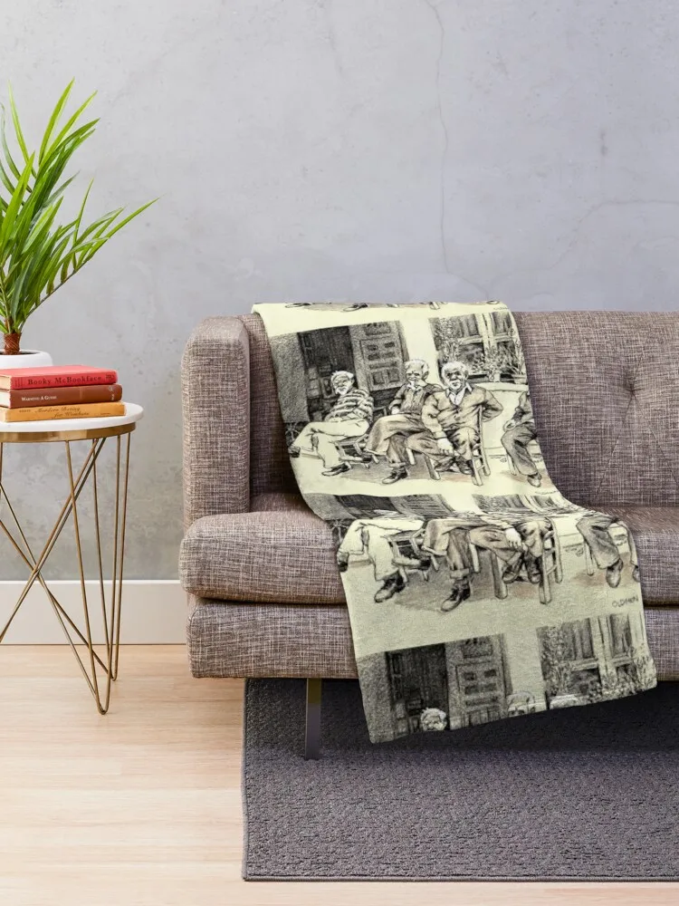 Four Old Men Sitting Outside - Pen Drawing By Don Sylvester Throw Blanket Sofa Plaid Blankets