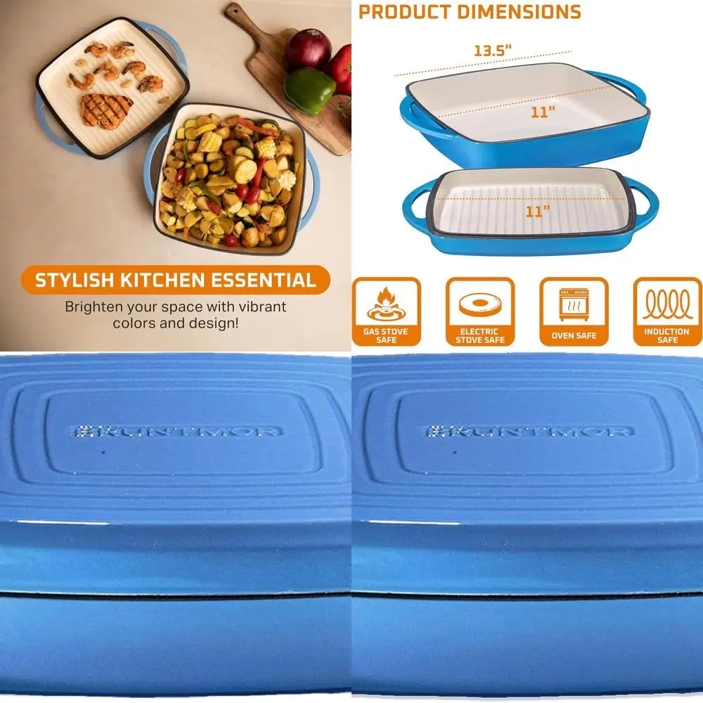 

Versatile 2-in-1 Cast Iron Dutch Oven and Grill Pan with Lid, Dual Handles, Whale Blue