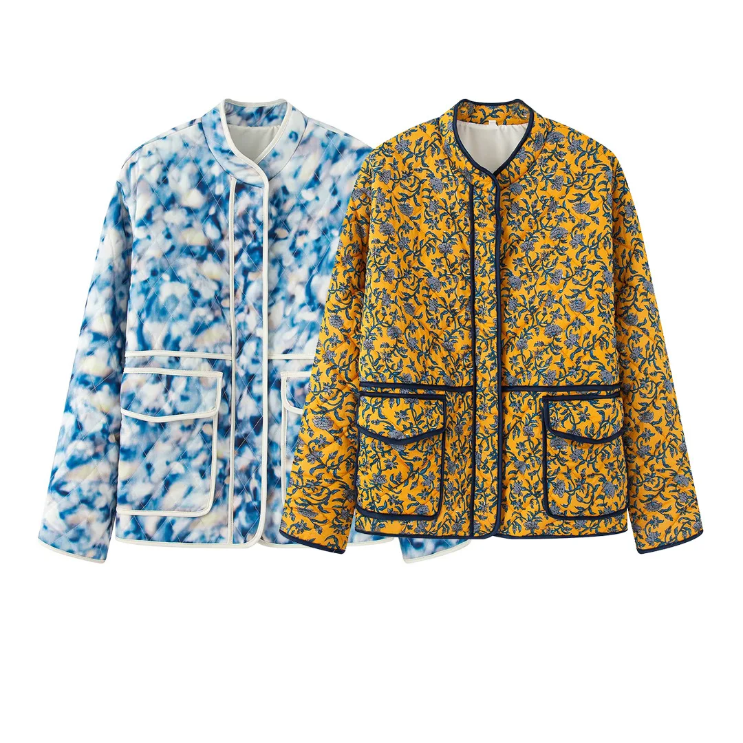 

Autumn Winter Cotton Jacket Quilted Embroidery Stand Collar Street Coat Elegant Stand Collar Long Sleeve Printed Quilted Outwear