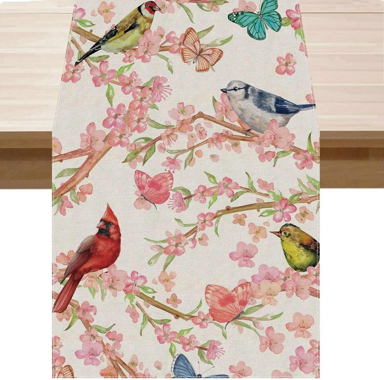 Spring Bird Pink Flower Peach Blossom Butterfly Linen Table Runner Dresser Scarf Holiday Kitchen Dining Table Runner Party Decor