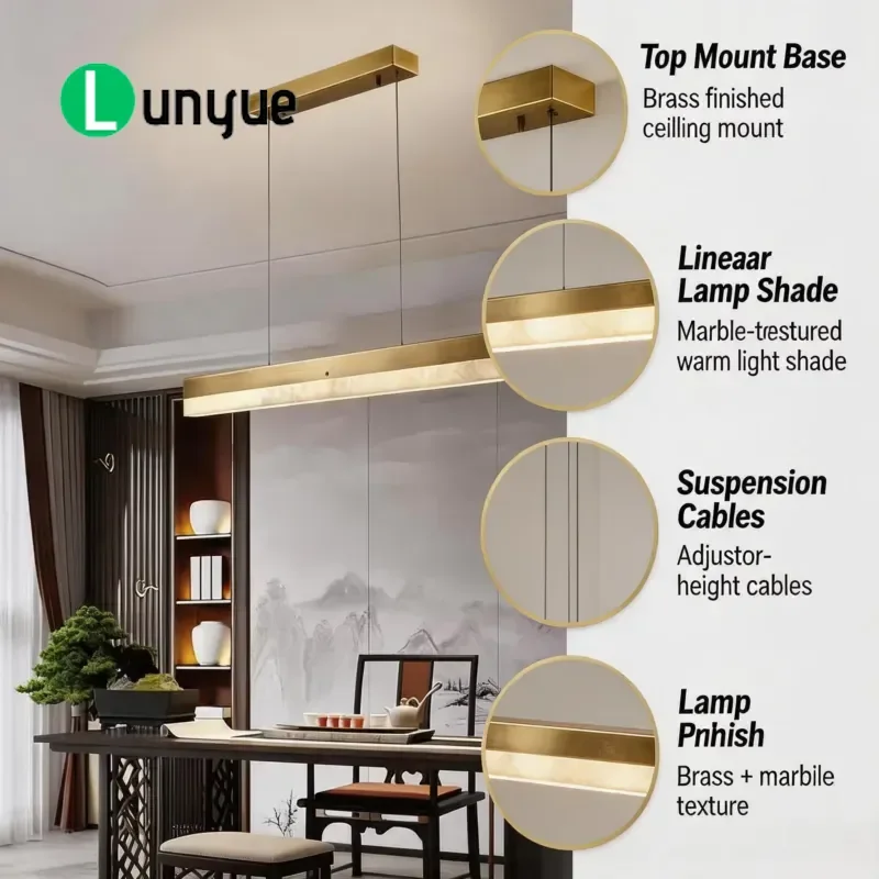 Luxury Modern Rectangular Copper Frame Marble LED Chandelier Dimmable Ceiling Light for Villa Living Room High End Decor