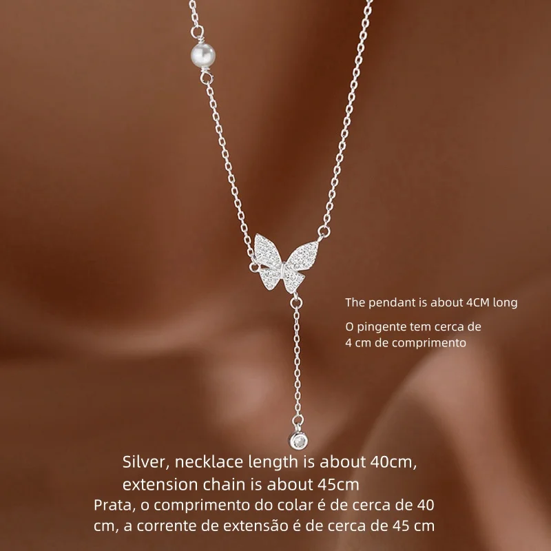 

Korean style ins style jewelry fashion clavicle chain butterfly tassel diamond pendant 925 sterling silver necklace for women