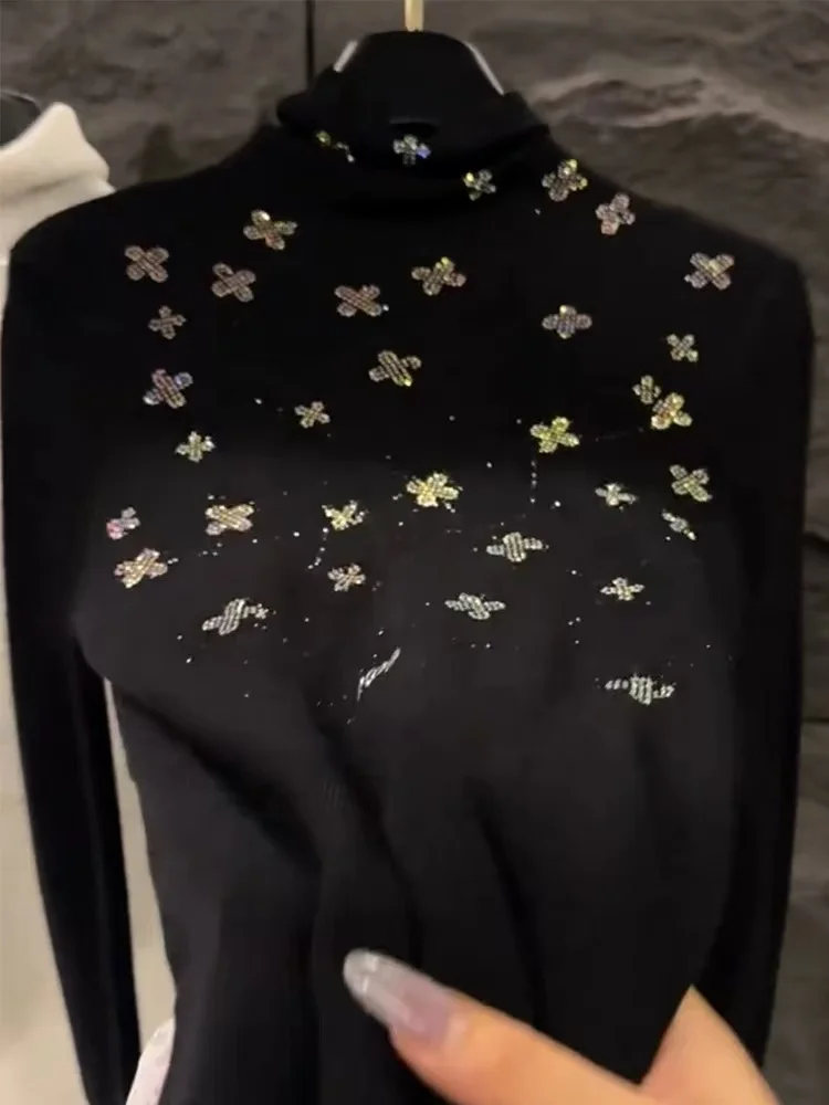 Luxury Style Diamonds Hot Drilling Turtleneck Slim Fit Black Sweater for Women Autumn/Winter Knitwear Pullovers Femme Clothing