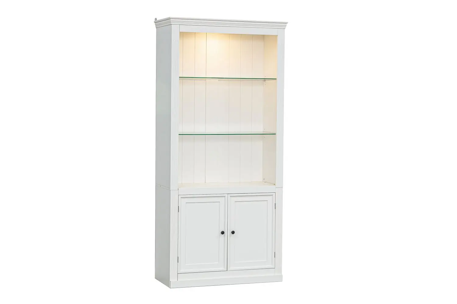 

78.75'' Tall Display Shelves with 5 Colors Adjustable LED Ceiling Light, Retro-style Bookcases with Tempered Glass Shelves for L