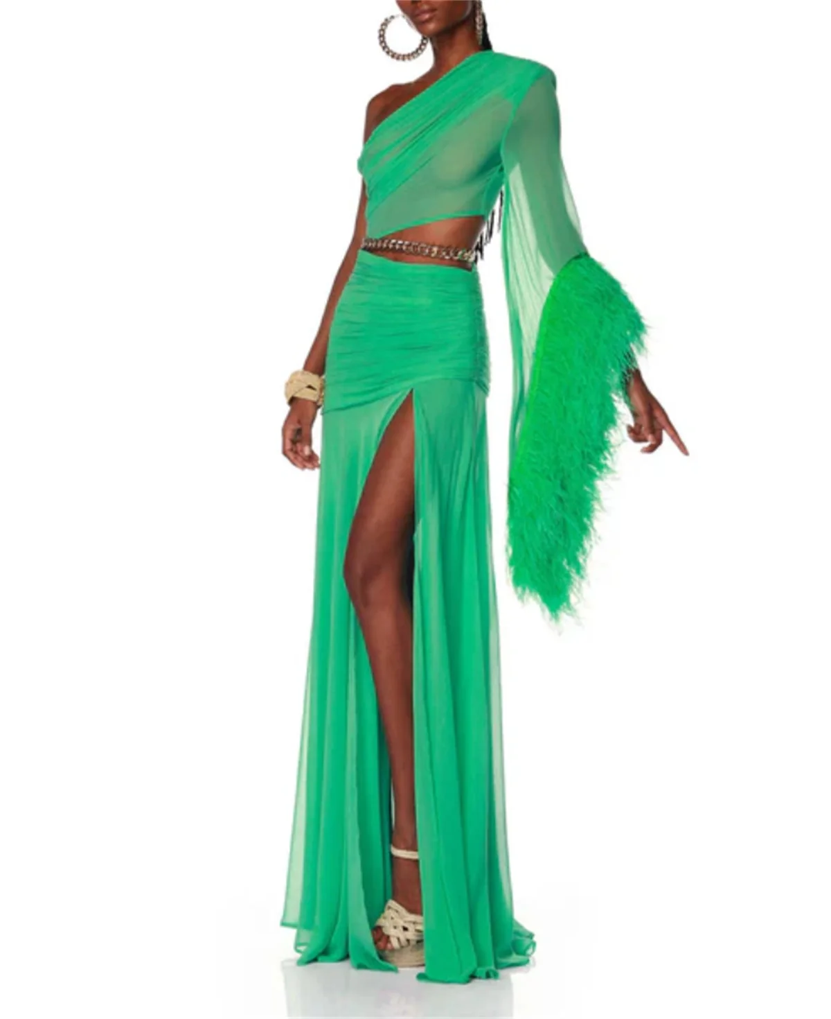 Fashion Green One Shoulder Prom Dress Sleeveless Satin Feather Skirt Evening Dress Sexy Cutout Special Occasion 2024 Custom New