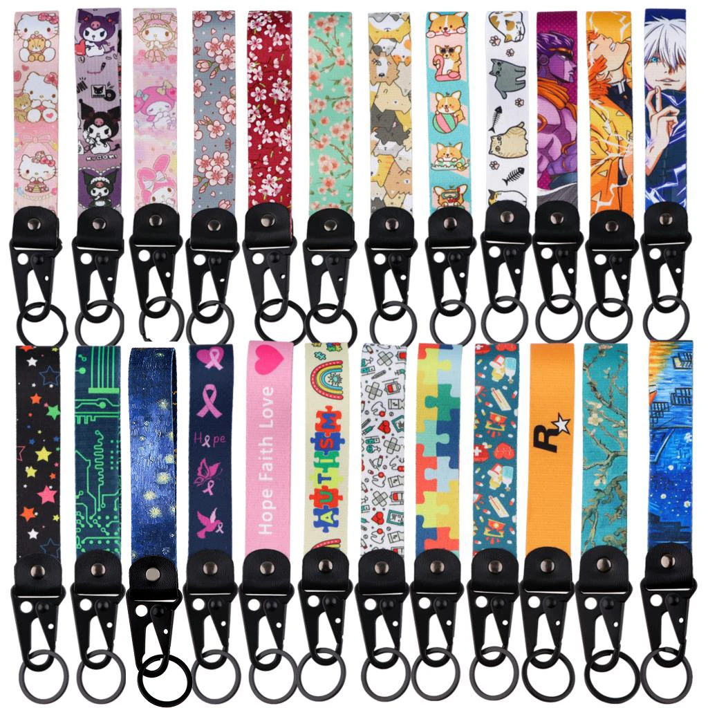 Kawaii Cat Anime Keychain For Car Motorcycle Lanyard Wrist Strap Pendant Key Holder Accessories Toys Gifts