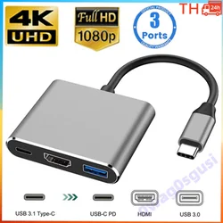 Adaptador USB C a HDMI, concentrador tres en uno OTG tipo C, convertidor hembra de concentrador USB C a HDMI de carga rápida 4K HDMI y PD