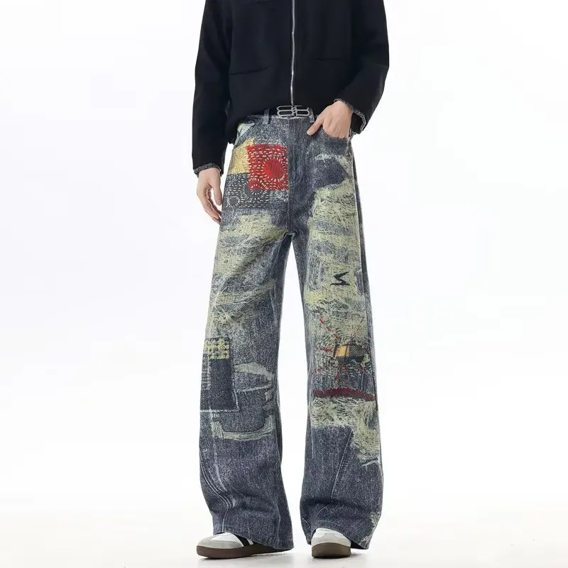 

Джинсы из плотного денима с 3D-печатью в американском ретро-стиле, унисекс, свободный крой, широкие штанины, универсальные, длинные...