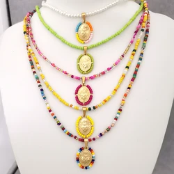 Virgin Mary Pendant Charm Necklace Women Imitation Pearl Cross Scared Heart Jesus Choker Seed Beads Gold Color Jewelry Mom