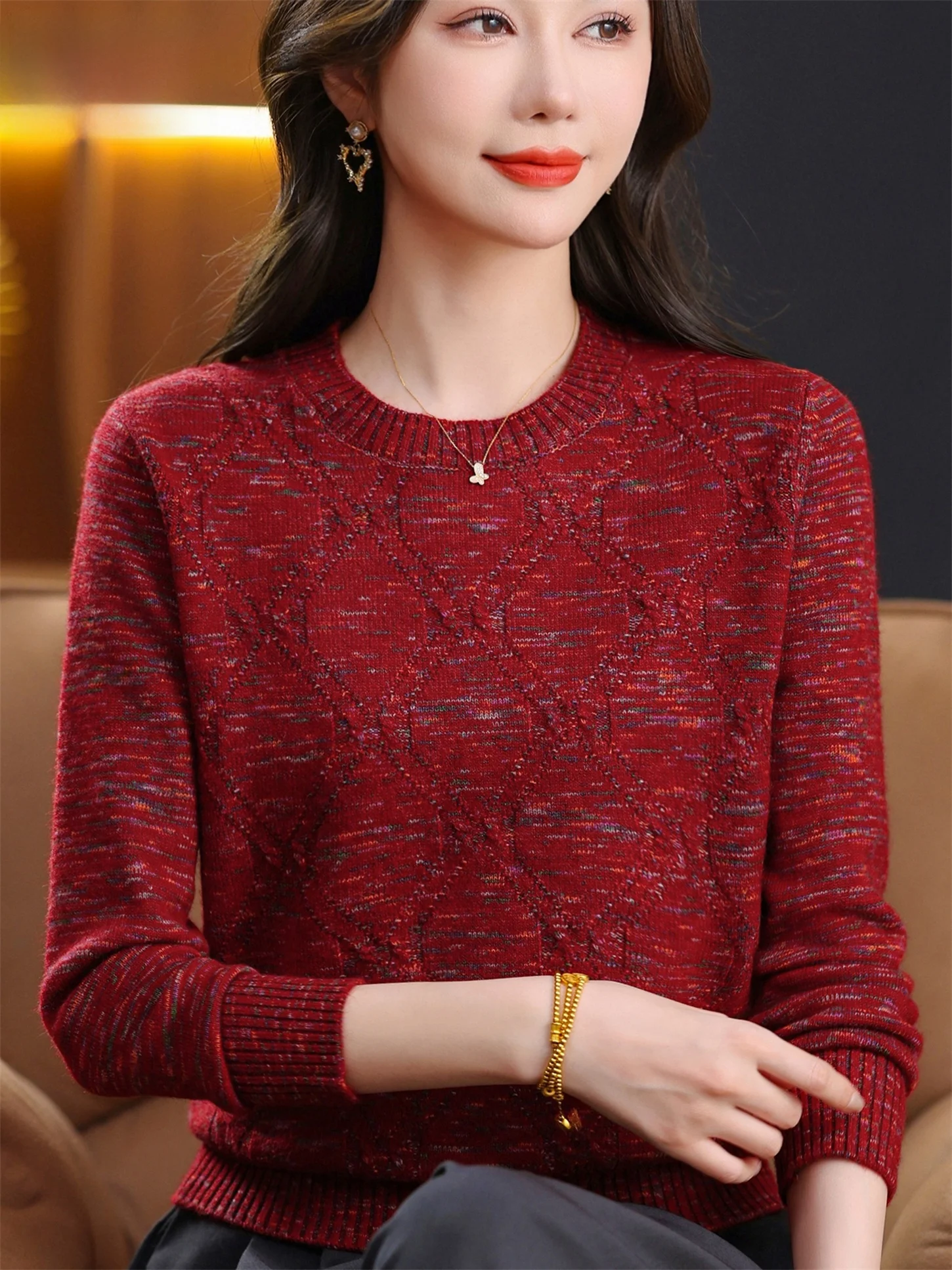 

Шерстяная основа с эффектом похудения, круглый женский топ свободного покроя с ромбовидным узором, модный женский топ среднего возраста и ли