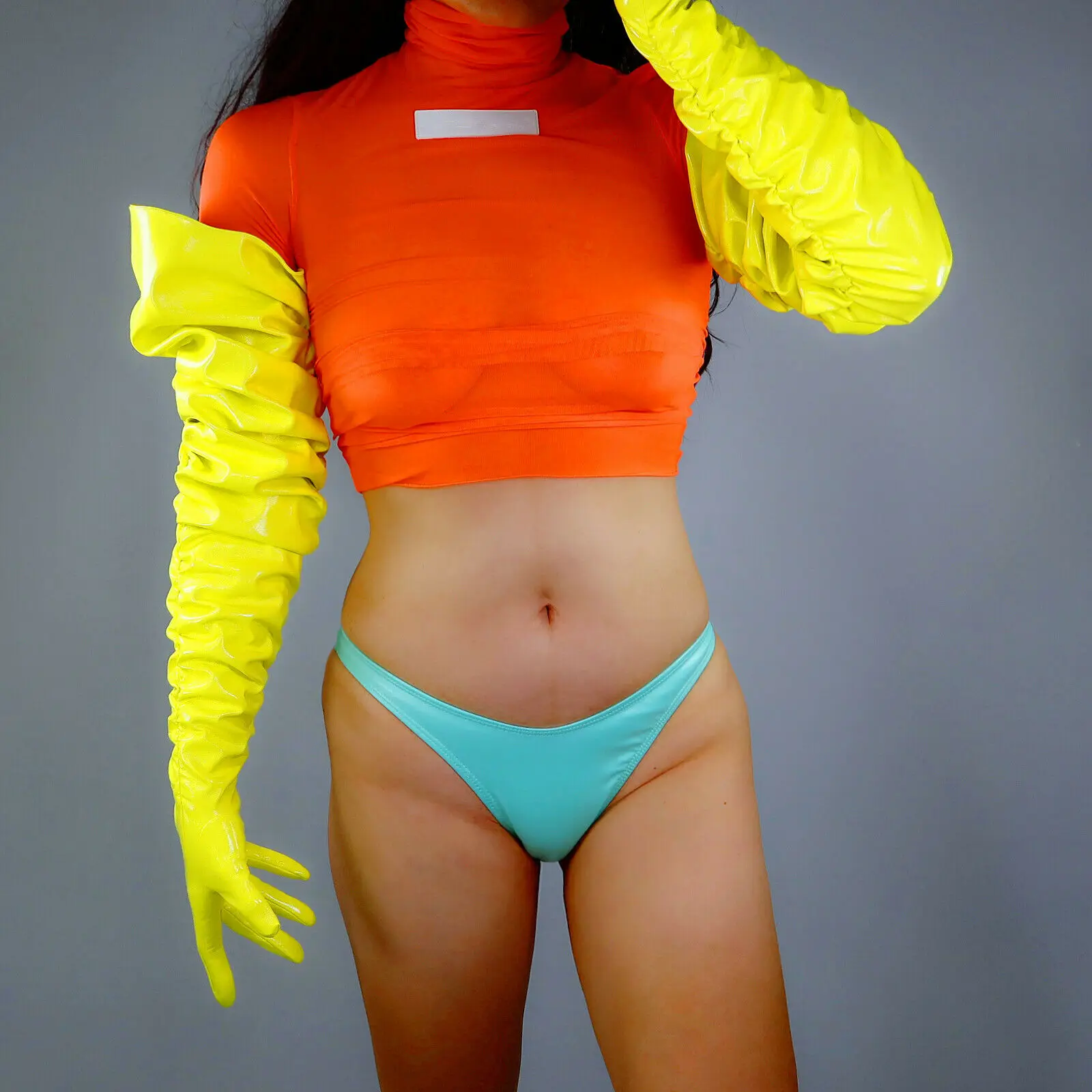 

Unisex Oversized LATEX LONG GLOVES PUFF Wide Ruched Sleeves Faux Patent Leather 1m Glossy Fluorescent Yellow Halloween Cosplay