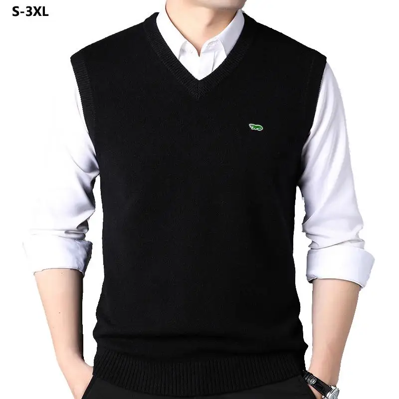 100% Cotton Mens Pullovers Knitted Vest Embroidery-Logo Casual V-Neck Sleeveless Sweaters Fashion Homme Clothing Slim Male Tops