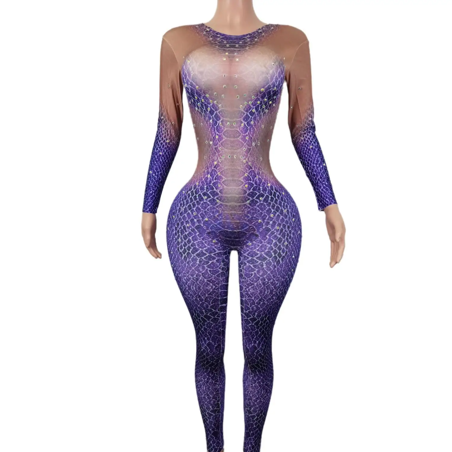 

Women Leggings Purple Snakeskin Print Long Sleeves Bodycon Jumpsuit Showgirl Bodysuits Lady Nightclub Party Pole Dance Costumes