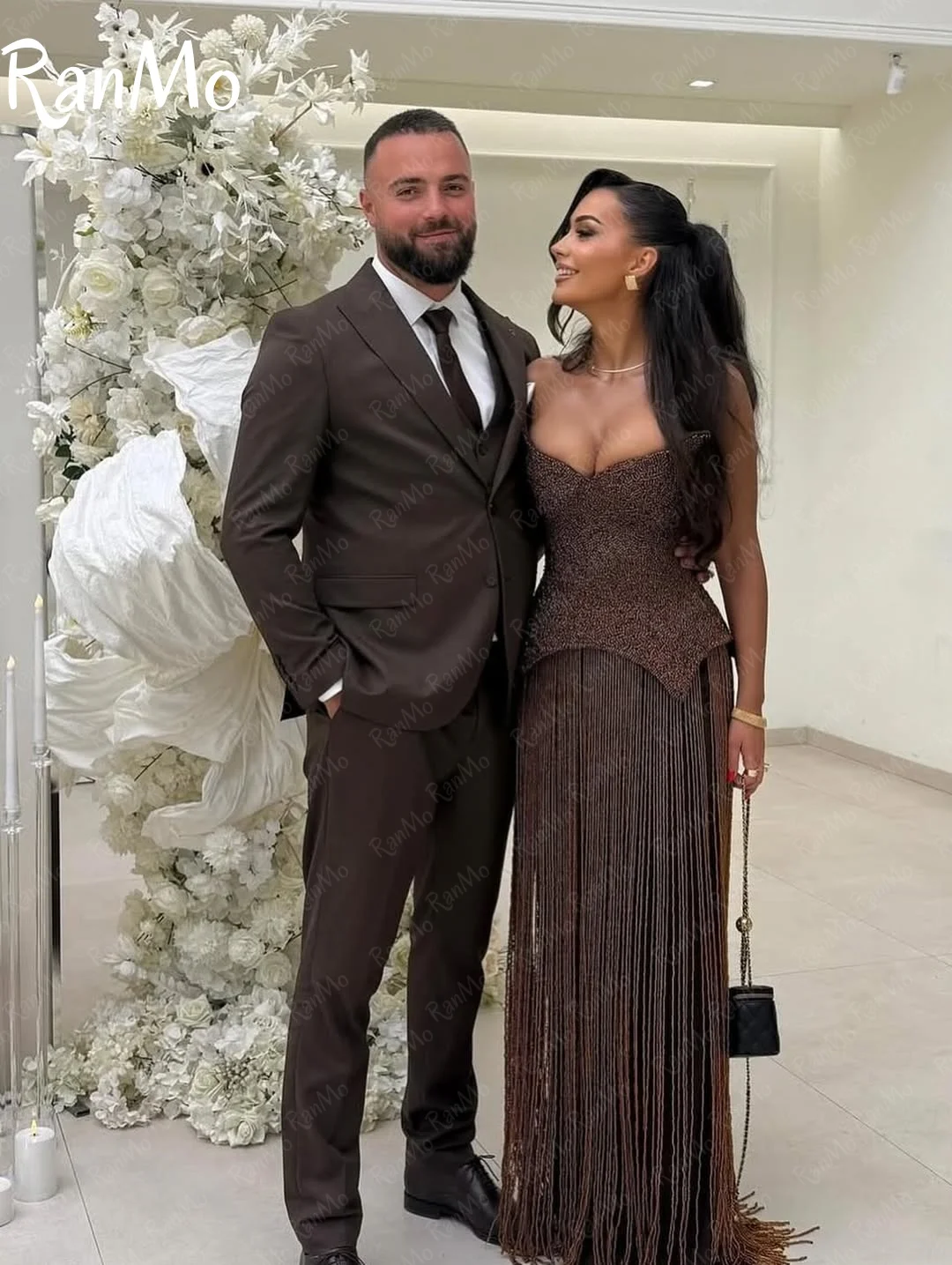 Ranmo 2025 Customized Sleeveless Prom Dresses Sweetheart Brown Beadings Scarf Tassels Floor Length Party Dresses فساتين