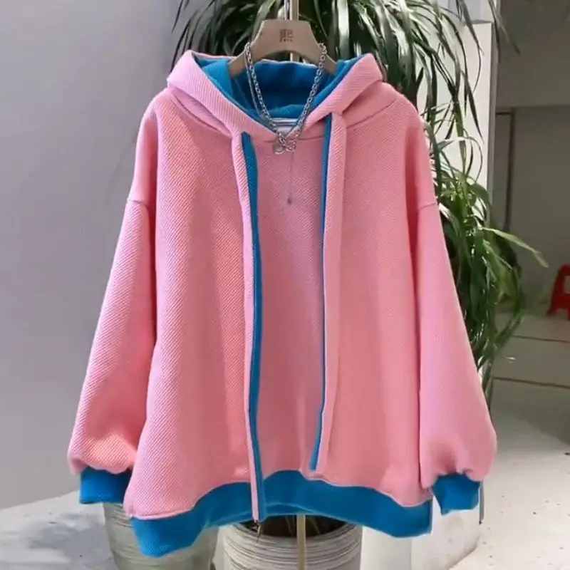 Loose Baggy Warm Women\'s Hooded Sweatshirts Blue Female Top Thick Hoodies Cold Autumn and Winter Contrasting Colors 90s Vintage