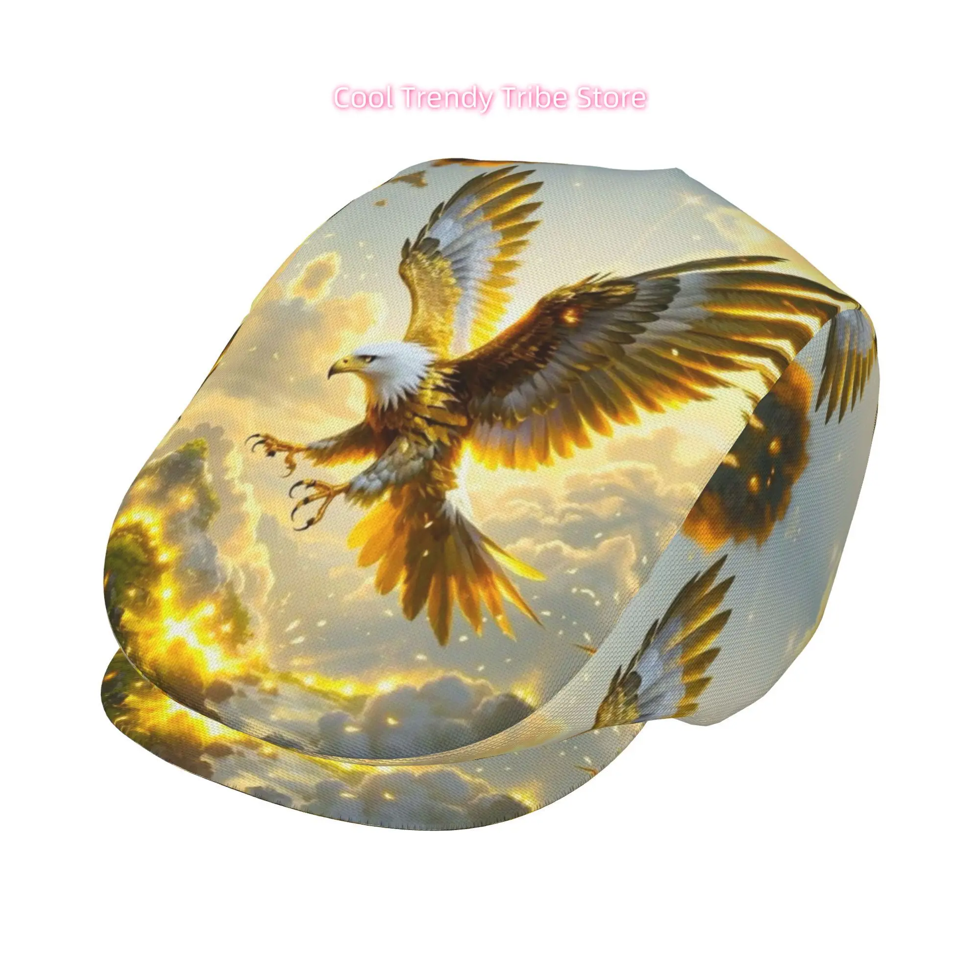 Flat-Top Hats Featuring a Design of a Golden Eagle Soaring Over a Landscape, Suitable for Both Men And Women. This Collection In