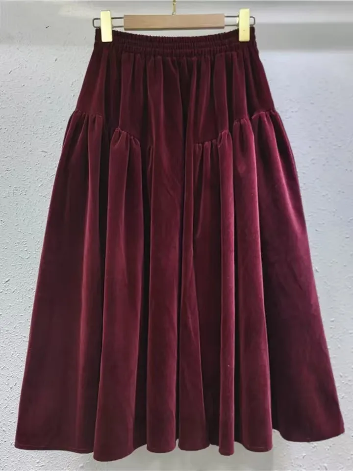 Elegant Vintage Velvet Fluffy Skirts Elastic High Waist All-match Loose Women Red Skirt 2025 Spring Winter New Korean Long Skirt